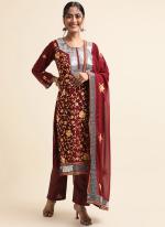 Faux Georgette Maroon Traditional Wear Zari Work Straight Suit